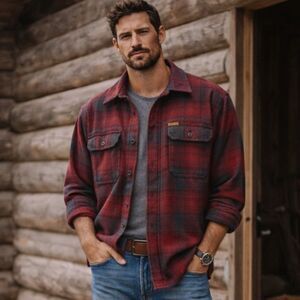 Orvis Plaid Flannel Shirt Jacket LT Large Tall Red Gray Button Heritage Shacket